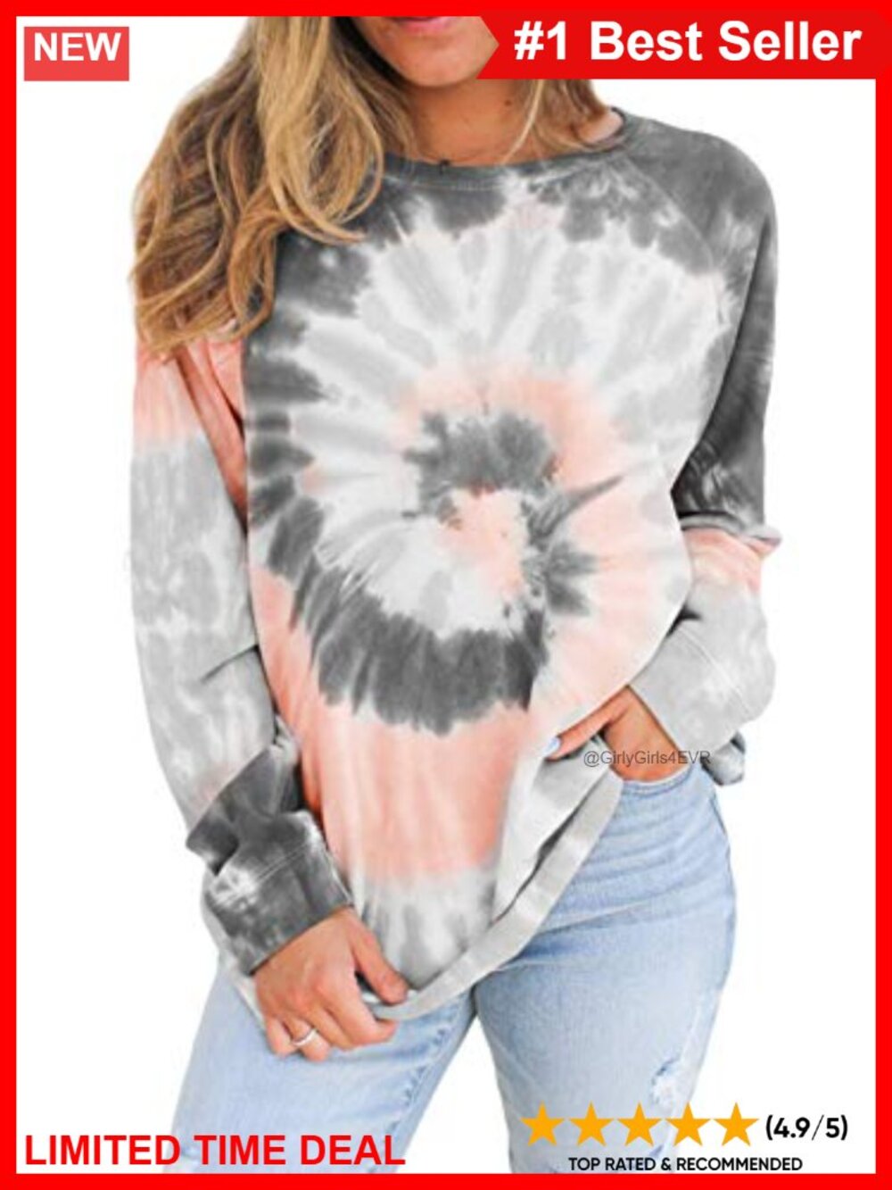 Womens Tie Dye Long Sleeve Crewneck Pullover Sweatshirt Casual Loose Fit